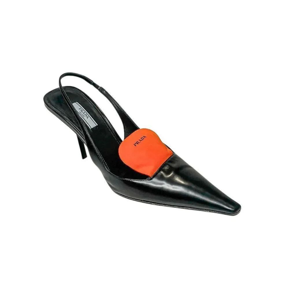 Prada Damen Pumps EU 40 Black Spazzolato Slingback Heel Orange Nylon Logo Tongue